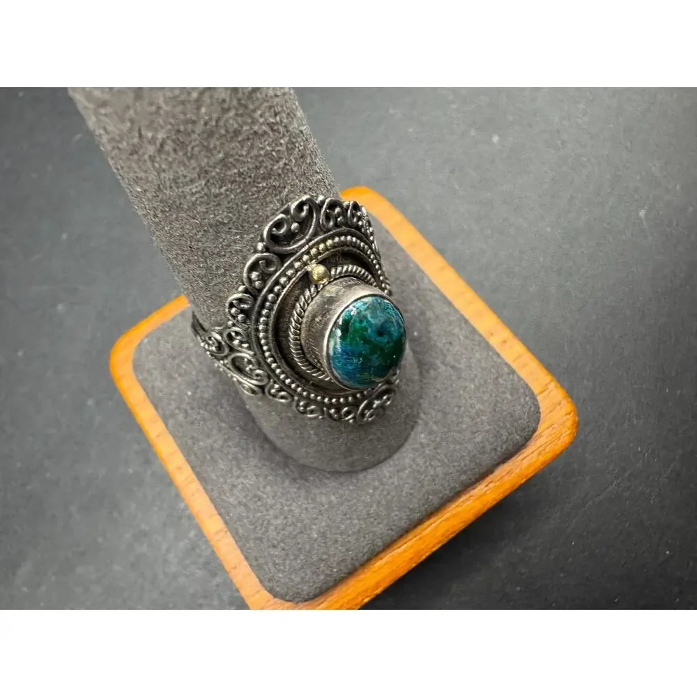 Vintage 925 Sterling Silver Chrysocolla Gemstone Filigree Ring Size 10